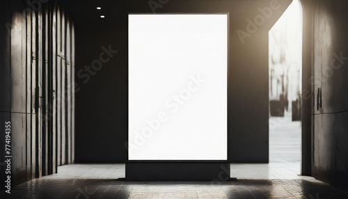 White screen isolated mockup  billboard on a shop entrance. Night shot. Dark background. Blank space for your design. Illustration.