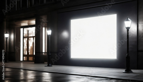 White screen isolated mockup  billboard on a shop entrance. Night shot. Dark blurred background. Blank space for your design. Illustration.