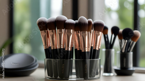 Professional vegan makeup brushes standing in a holder on a makeup vanity in a bright and clear environment.generative.ai