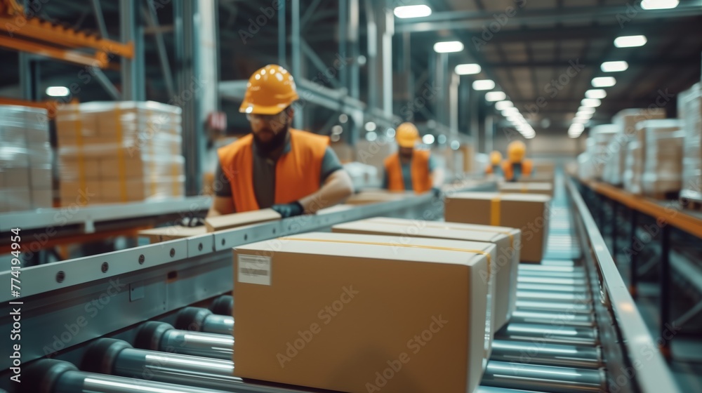 Cardboard boxes on conveyor rollers ready to be shipped by courier for distribution.Packed courier on production line against cardboard boxes in warehouse.Worker in a warehouse in the logistics sector