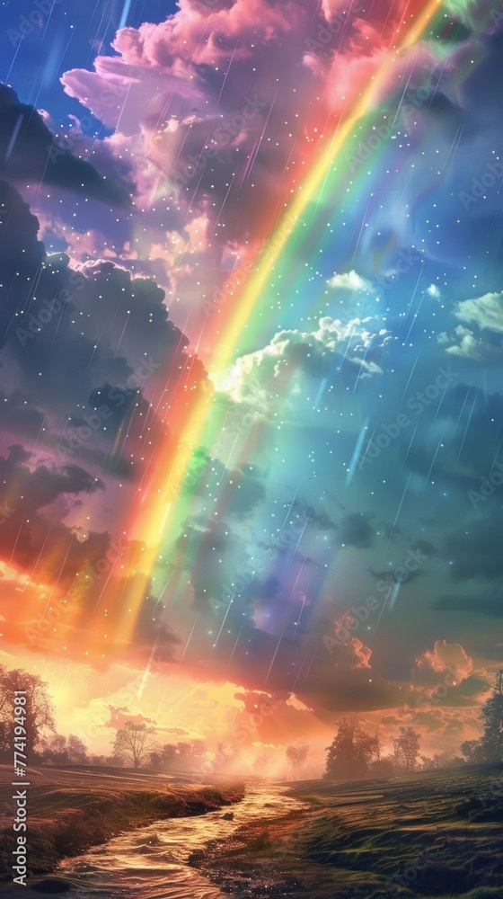 A rainbows arch bridges the gap between storm and sunshine