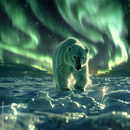 Polar Bear under Northern Lights - A majestic polar bear roams icy terrain beneath shimmering aurora borealis.