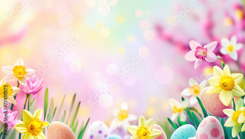 Happy Easter background with colorful eggs, flowers and copy space
