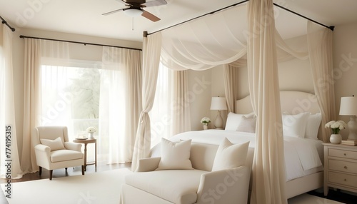 A serene bedroom retreat with a plush cream-colored bed adorned with crisp white linens and a canopy of sheer curtains billowing gently in the breeze.