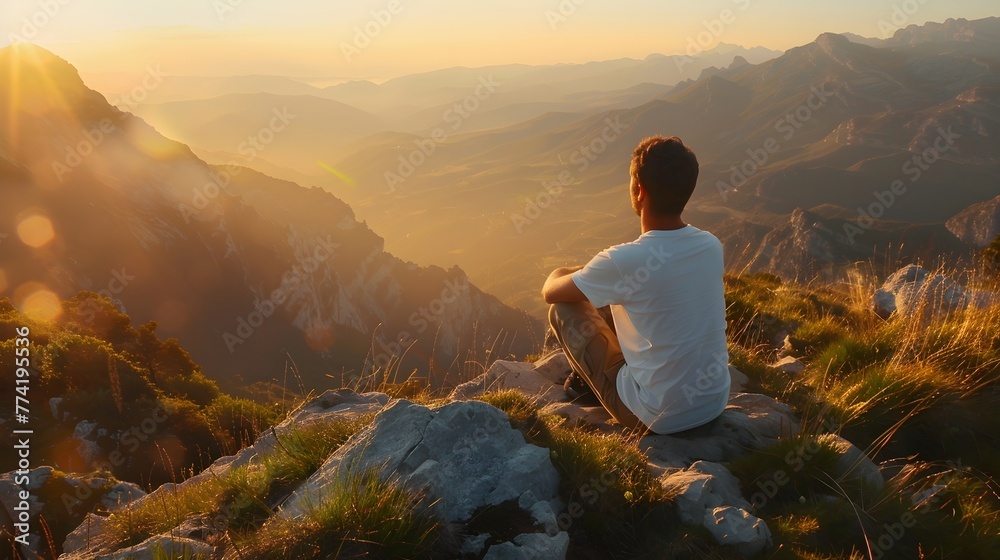 a man sitting on the top of a mountain at sunrise