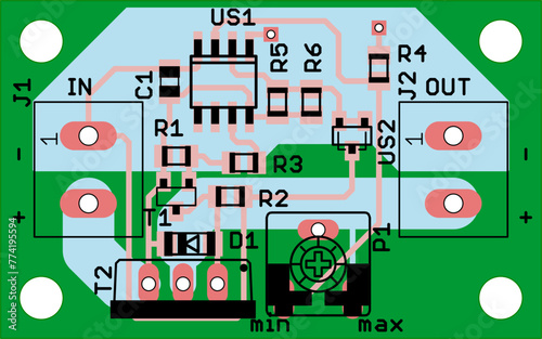 Vector printed circuit board of electronic 
device with components of radio elements, 
conductors and contact pads placed on it. 
Engineering drawing of pcb design.