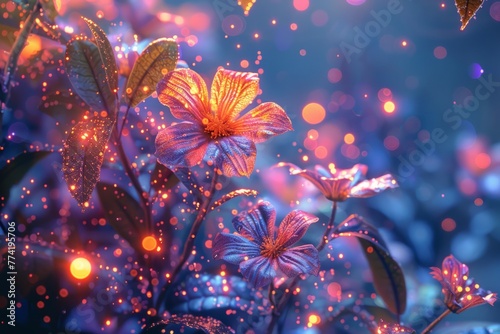 Illuminated flowers with ethereal sparkles - Beautiful, delicate flowers glow with otherworldly sparkles in a dreamy, neon-tinted scene