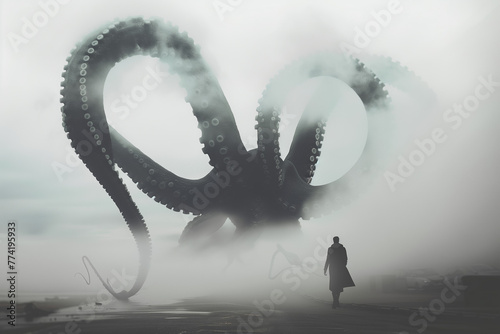 A giant octopus or kraken emerges with its tentacles from the fog in the city. The concept of an alien or giant creature attack from the depths. In the style of news photography from the scene.