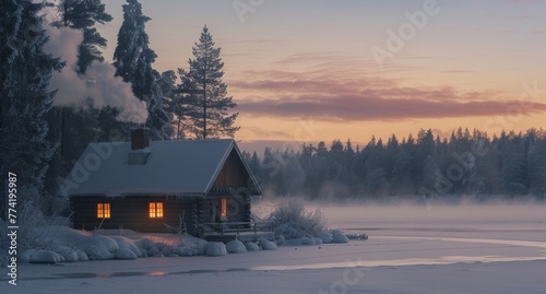 Rustic rural cabin beside a frozen lake, with smoke from the chimney blending into the snowy landscape, epitomizing winter solitude and warmth.