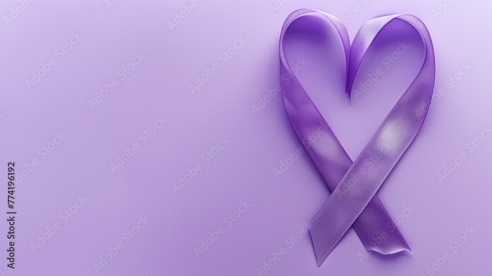 A purple ribbon shaped into a heart on matching background A purple ribbon shaped into a heart on matching background