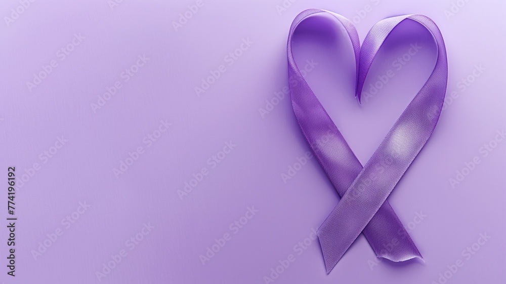 A purple ribbon shaped into a heart on matching background