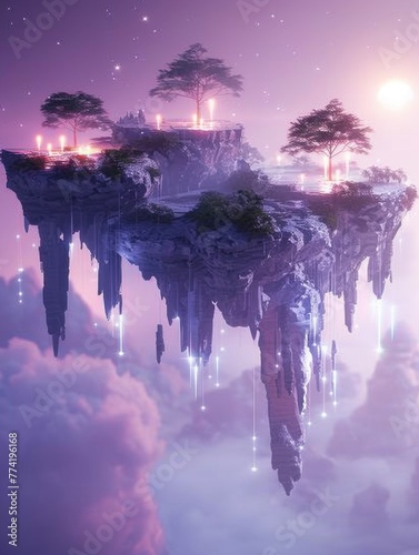 Suspended landmasses in a mystical twilight - Ethereal digital artwork showcasing floating landmasses under a twilight sky, creating a sense of wonder