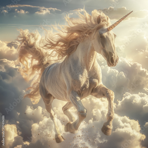 Majestic Unicorn Galloping Through Clouds - Ethereal image capturing a powerful  mythical unicorn ascending elegantly through a sky full of clouds
