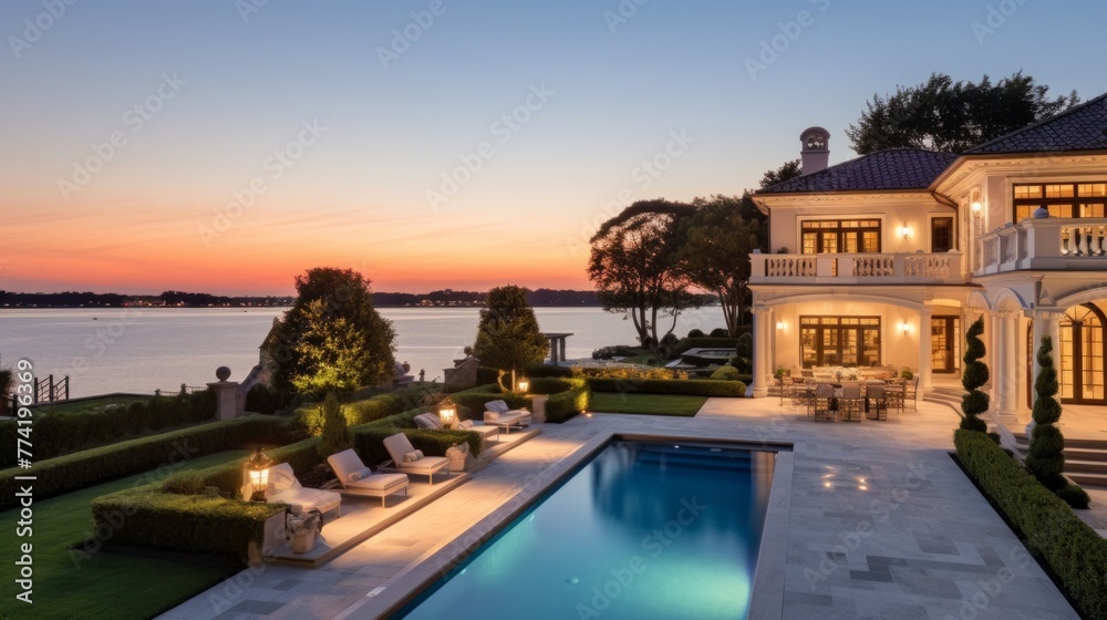 Mediterranean inspired villa with a sprawling garden and a private beach access in the exclusive Hamptons, New York