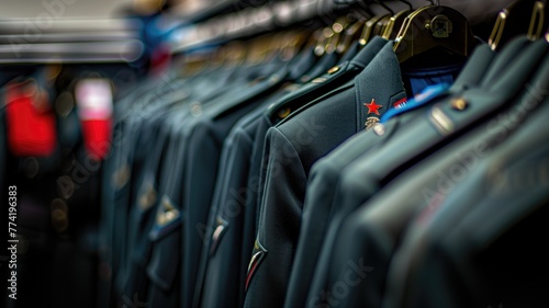A row of military uniforms hanging on a rack, focused patch with star