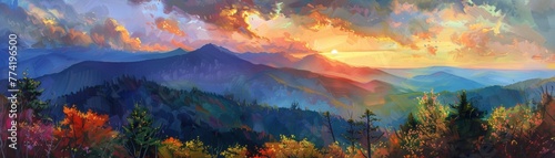 A vibrant display of evening colors as the sun sets behind a mountainous landscape. photo