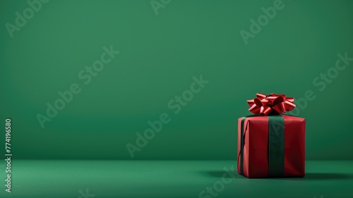 A red gift box with a shiny ribbon against green background, highlighting holiday or celebration theme