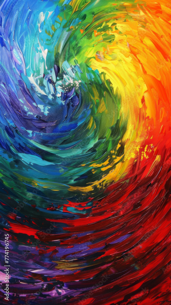 Vibrant whirl of rainbow colors on canvas - This captivating image showcases a dynamic and colorful swirl, representing emotion and movement on a textured canvas