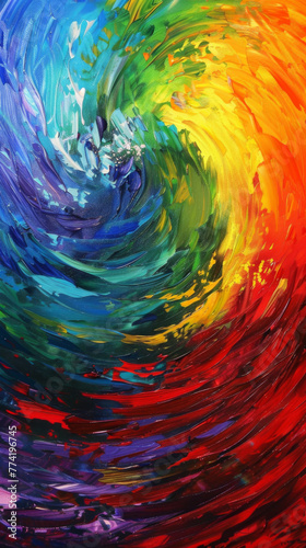 Vibrant whirl of rainbow colors on canvas - This captivating image showcases a dynamic and colorful swirl, representing emotion and movement on a textured canvas