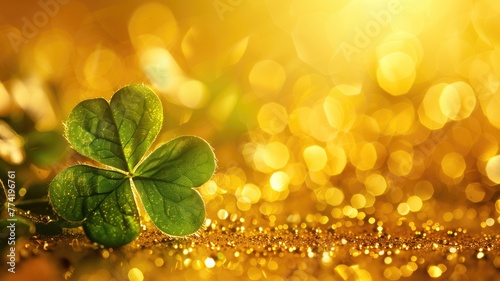 A four-leaf clover stands out against a sparkling gold background with bokeh lights, symbolizing luck