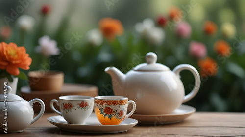 Teapot and cup with floral tea on table against blurred background.generative.ai
