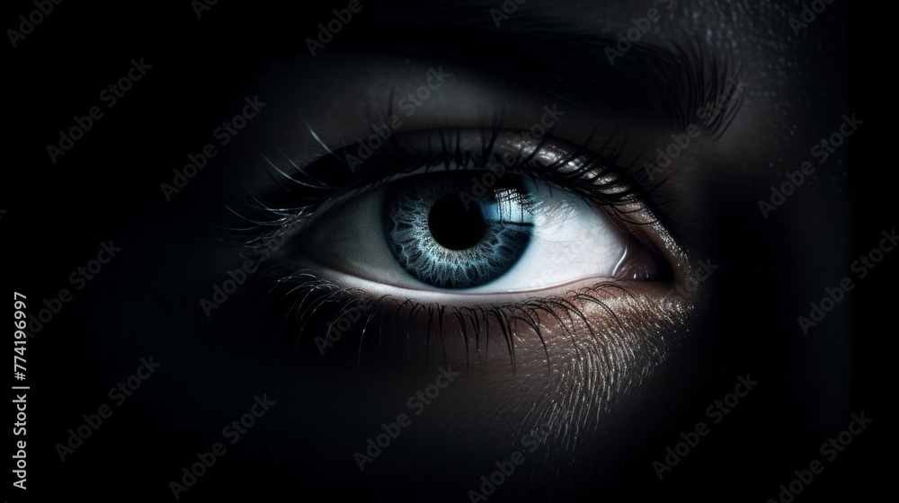A close up of a woman's eye with a dark background A close up of a woman's eye with a dark background