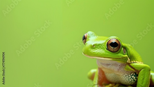 Green frog with large eyes on a plain green background, looking to the side