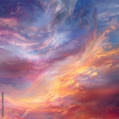 Abstract sky art with swirling clouds and a spectrum of sunset colors.