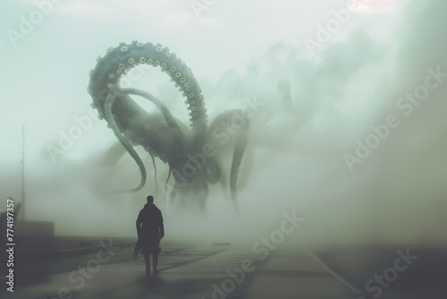 A giant octopus or kraken emerges with its tentacles from the fog in the city. The concept of an alien or giant creature attack from the depths. In the style of news photography from the scene.