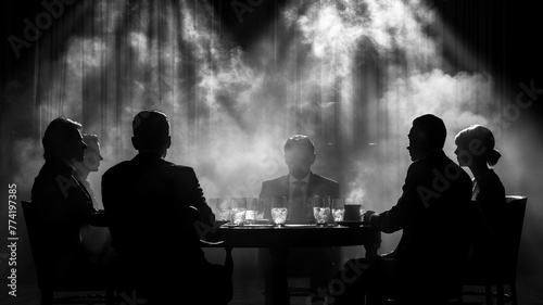 Black and white illustration of a secret meeting, a group of business people sitting at a table in the smoke. Mafia. Silhouettes of office workers.