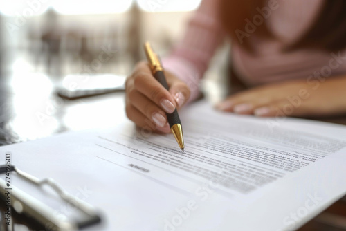 femme relisant et ratifiant un document papier faisant office de contrat écrit photo