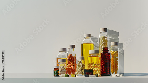 Variety assorted Medicine, vitamin supplement  Bottles and isolated on plain Background. Ai generative.