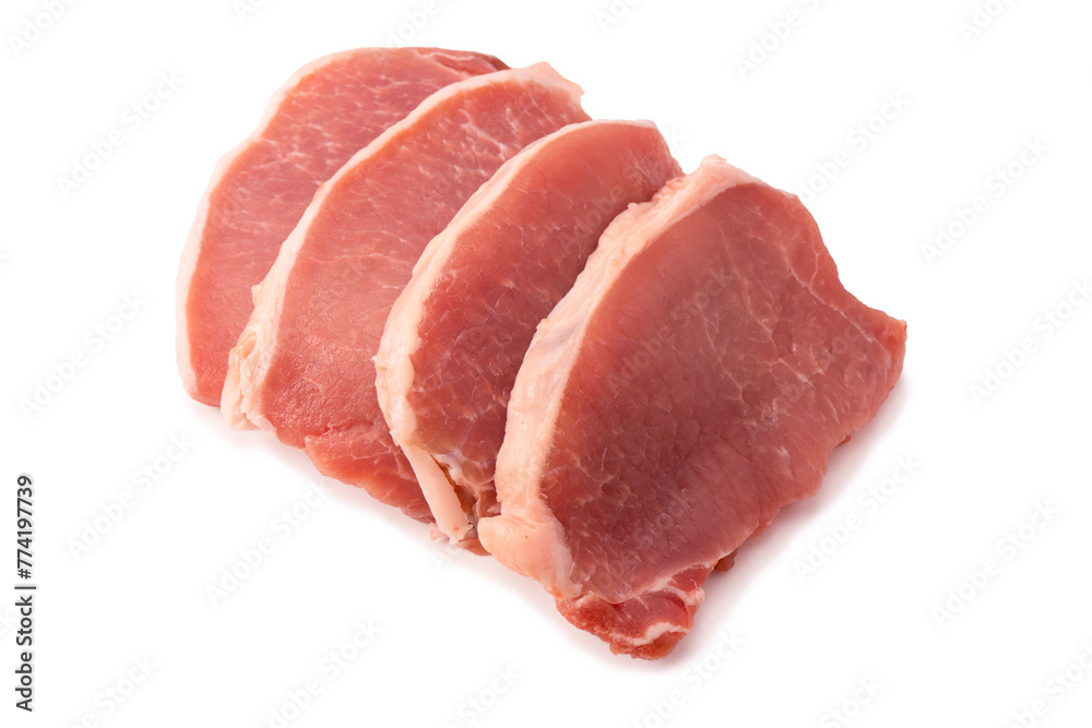 Raw pork pieces isolated on a white background.