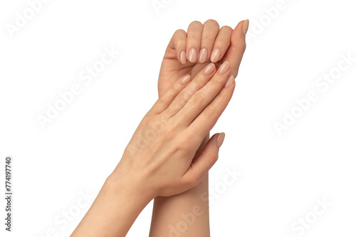 Woman hands  isolated on a white background. Nude nail polish.