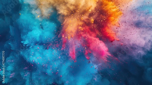 Dazzling Display: Vibrant Clouds of Holi Powder Stand Out Against the Blue Sky