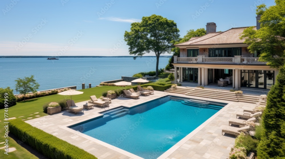 Fototapeta premium Mediterranean inspired villa with a sprawling garden and a private beach access in the exclusive Hamptons, New York