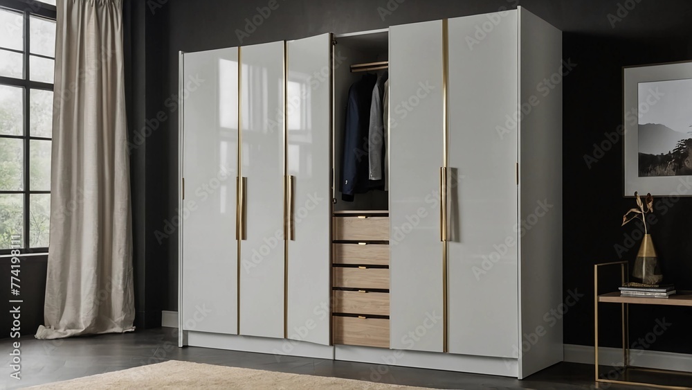 The image features a white wardrobe with gold handles on the doors. The wardrobe has six doors and is situated in a room with black walls. There is a window to the left of the wardrobe and a rug on th The image features a white wardrobe with gold handles on the doors. The wardrobe has six doors and is situated in a room with black walls. There is a window to the left of the wardrobe and a rug on th