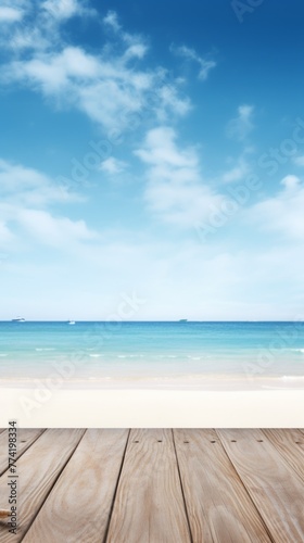 A beautiful beach scene with a wooden boardwalk and a blue ocean © liliyabatyrova