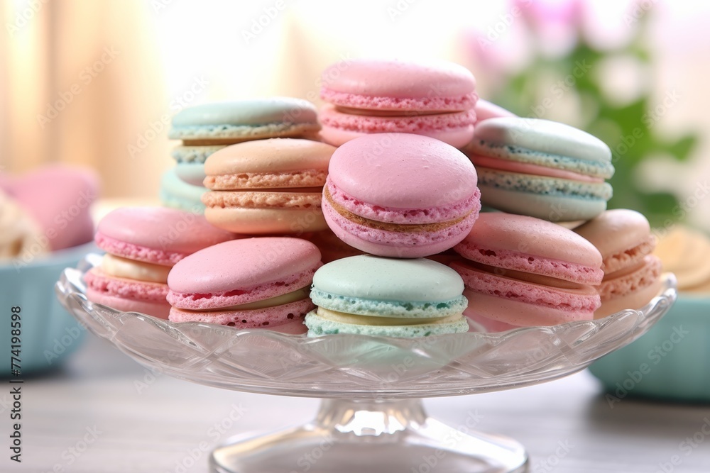Colourful macarons dessert on plate for selling premium dessert on restaurant elegant blurred background. Colourful macarons dessert on plate for selling premium dessert on restaurant elegant blurred background.