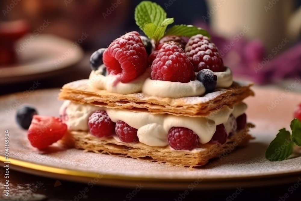 Mille-Feuille dessert on plate for selling premium dessert on restaurant elegant blurred background. Mille-Feuille dessert on plate for selling premium dessert on restaurant elegant blurred background.