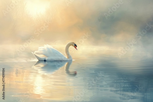A graceful swan on a tranquil lake at dawn  its reflection captured in the smooth strokes of oil paints