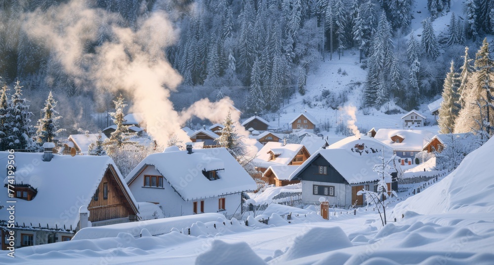 Snow-blanketed rural village, with smoke rising from chimneys and snow-covered roofs adding to the postcard-perfect winter wonderland.