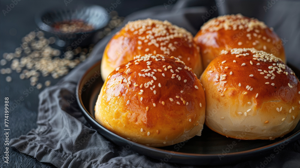 Lush buns with sesame seeds on a dark plate on a dark background