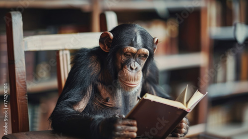 Monkey reading a book. Developed and intelligent monkey