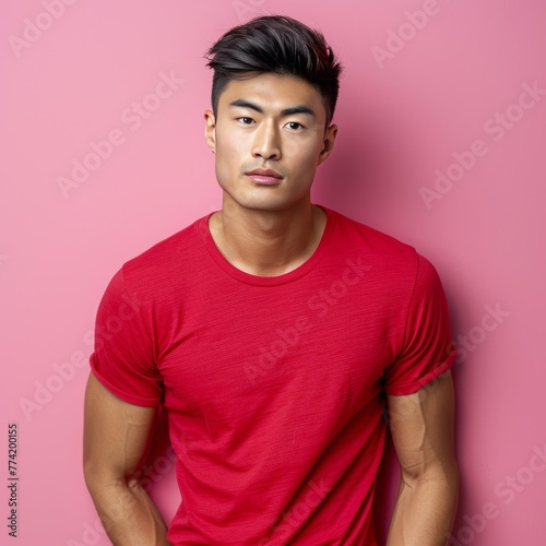 Studio photo of a handsome Asian man in a T-shirt.