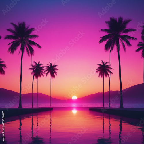 sunset over the sea, post modern, chill background, neon light