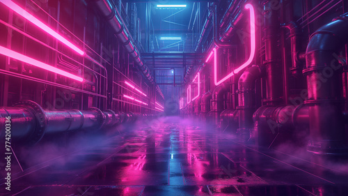 A neon colored tunnel with a lot of pipes
