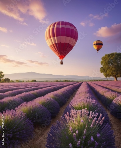 The calm of the evening is enhanced by the sight of hot air balloons floating above vibrant lavender fields, the sky's palette creating a mesmerizing backdrop. This scene captures the essence of
