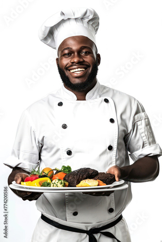 A happy chef in a white uniform with a plate of gourmet steak, potatoes, and colorful vegetables