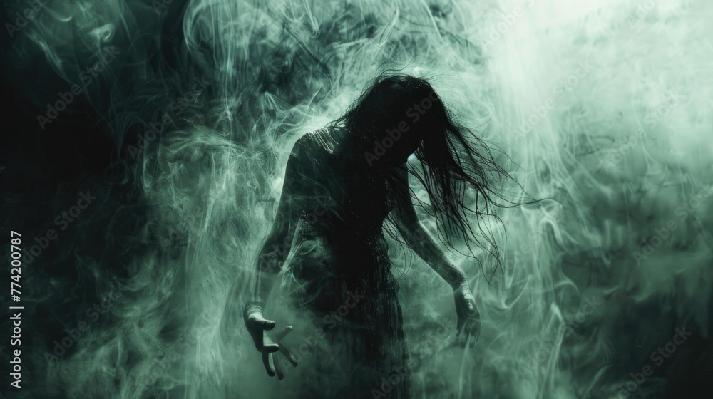 A chilling portrayal of a banshee, as seen through the artistic fusion of documentary, editorial, and magazine photography, set against a dark, atmospheric backdrop A chilling portrayal of a banshee, as seen through the artistic fusion of documentary, editorial, and magazine photography, set against a dark, atmospheric backdrop